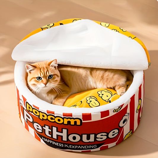 Cozy Popcorn-Shaped Cat Bed - Modern, Warm Polyester Pet Nest for Winter Comfort